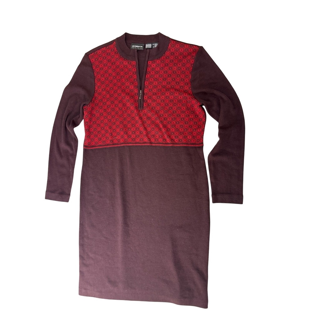 Liz Claiborne Vintage Burgundy Red Geometric Quarter Zip Wool Sweater Dress